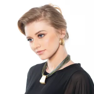 Rose - Elegant olive green, grey and gold necklace with gold hammered earrings