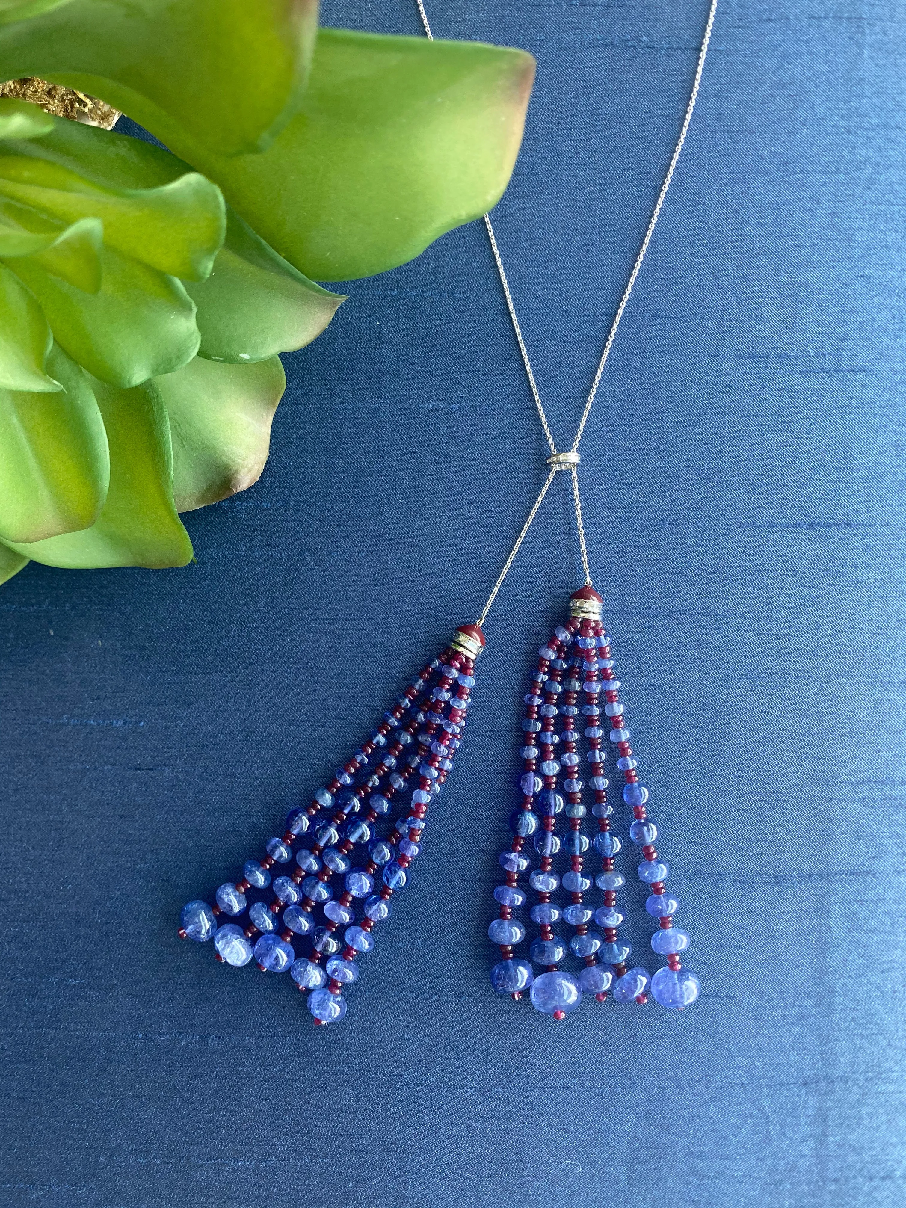 Ruby Beads, Tanzanite Beads & Diamond Tassel Enamel Necklace