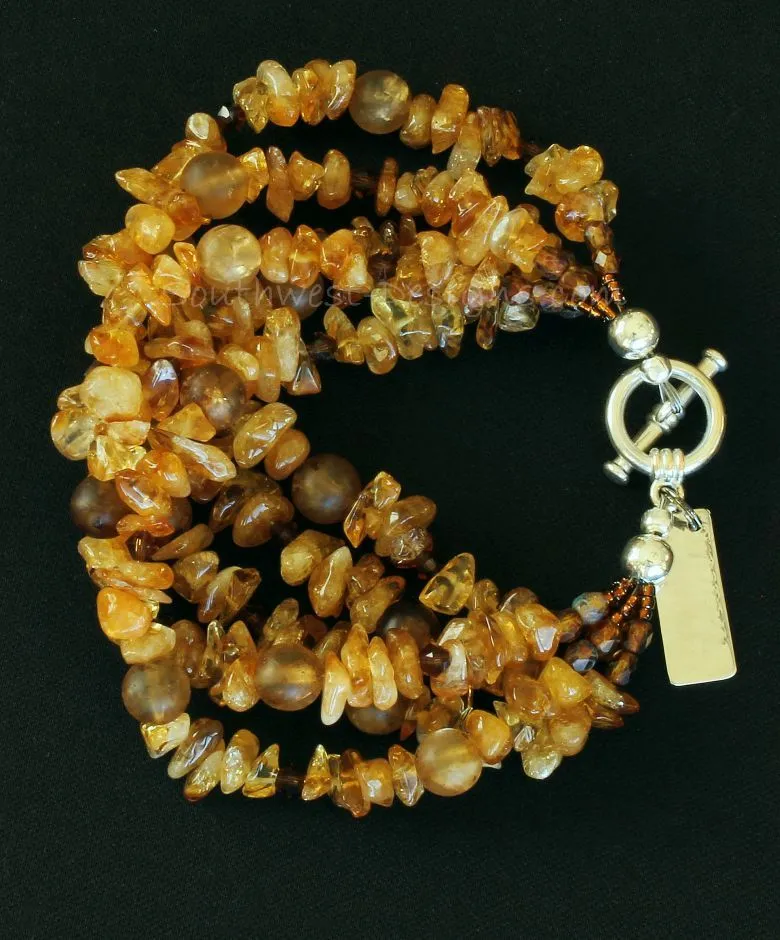 Santo Domingo Amber Chip 5-Strand Bracelet with Amber Quartz Rounds, Swarovski Crystal Bicones, Amber Picasso Fire Polished Glass, and Sterling Silver Toggle Clasp