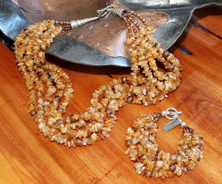 Santo Domingo Amber Chip 5-Strand Bracelet with Amber Quartz Rounds, Swarovski Crystal Bicones, Amber Picasso Fire Polished Glass, and Sterling Silver Toggle Clasp