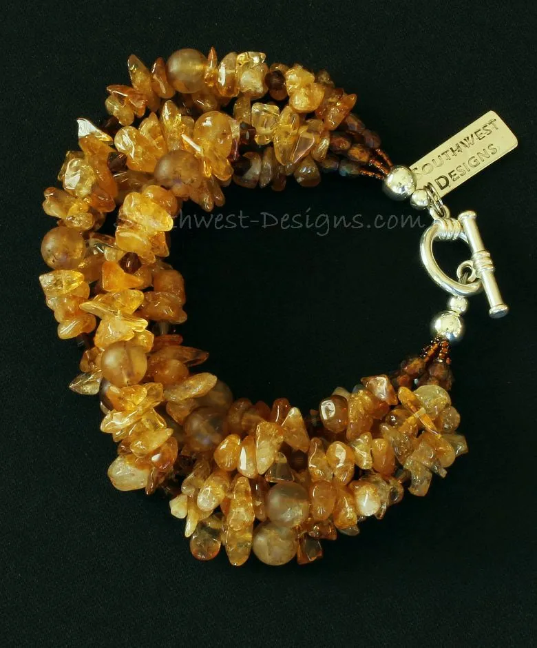Santo Domingo Amber Chip 5-Strand Bracelet with Amber Quartz Rounds, Swarovski Crystal Bicones, Amber Picasso Fire Polished Glass, and Sterling Silver Toggle Clasp