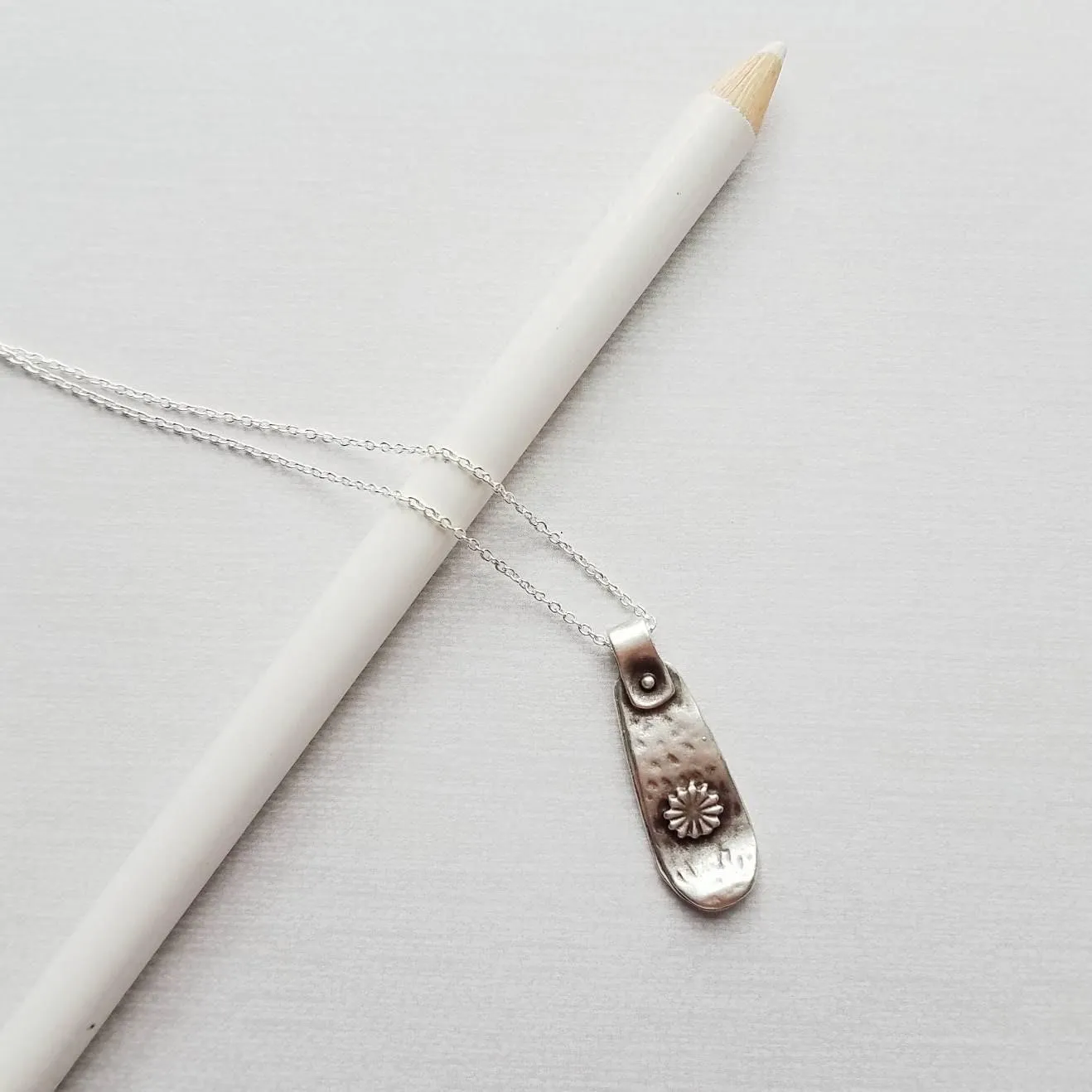 Silver Tag Necklace, long flower pendant, silver tab necklace, silver tag necklace, delicate silver chain, antique silver pendant, floral