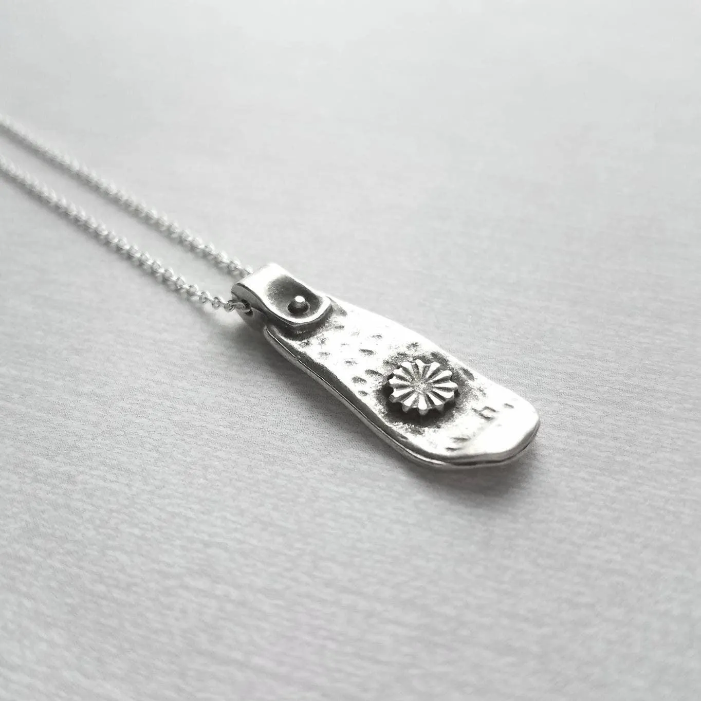 Silver Tag Necklace, long flower pendant, silver tab necklace, silver tag necklace, delicate silver chain, antique silver pendant, floral