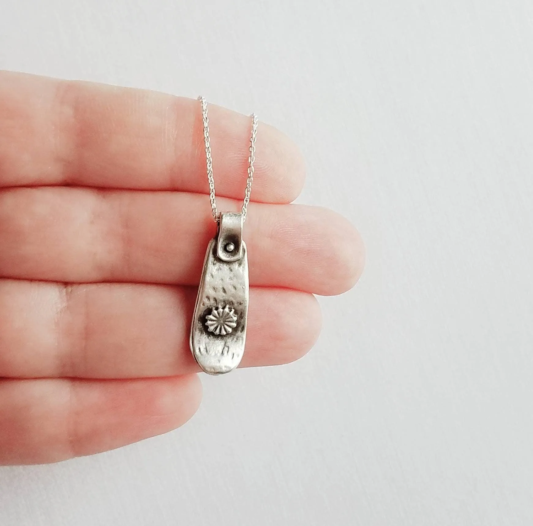 Silver Tag Necklace, long flower pendant, silver tab necklace, silver tag necklace, delicate silver chain, antique silver pendant, floral