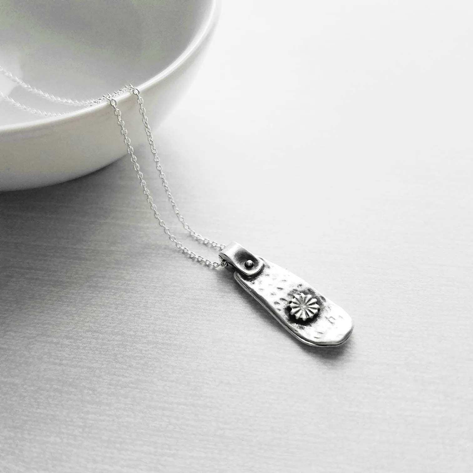 Silver Tag Necklace, long flower pendant, silver tab necklace, silver tag necklace, delicate silver chain, antique silver pendant, floral