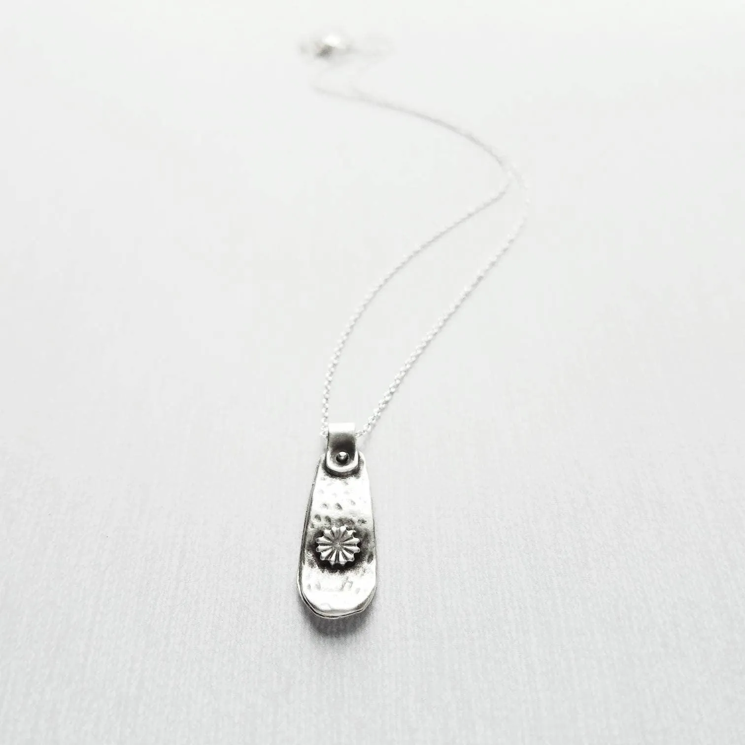 Silver Tag Necklace, long flower pendant, silver tab necklace, silver tag necklace, delicate silver chain, antique silver pendant, floral