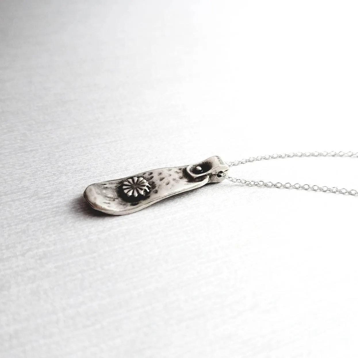 Silver Tag Necklace, long flower pendant, silver tab necklace, silver tag necklace, delicate silver chain, antique silver pendant, floral