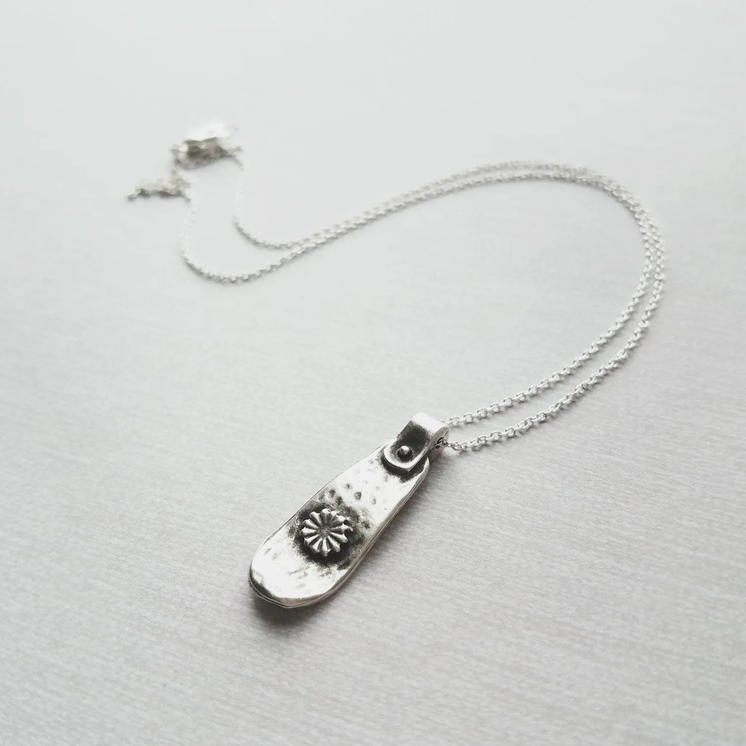 Silver Tag Necklace, long flower pendant, silver tab necklace, silver tag necklace, delicate silver chain, antique silver pendant, floral