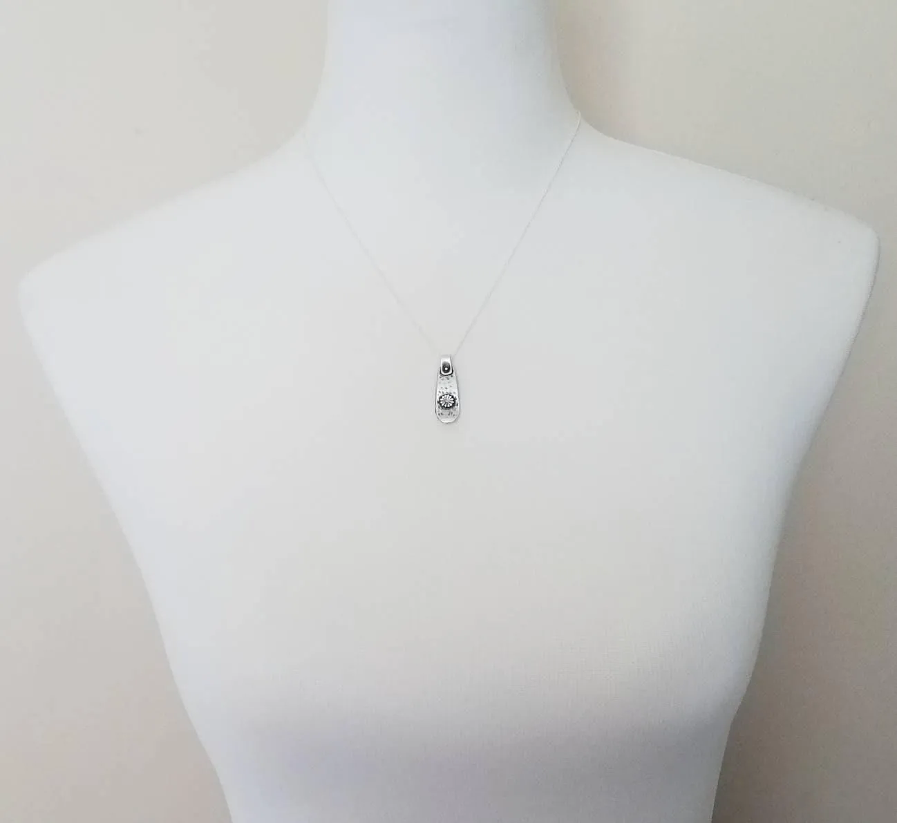Silver Tag Necklace, long flower pendant, silver tab necklace, silver tag necklace, delicate silver chain, antique silver pendant, floral