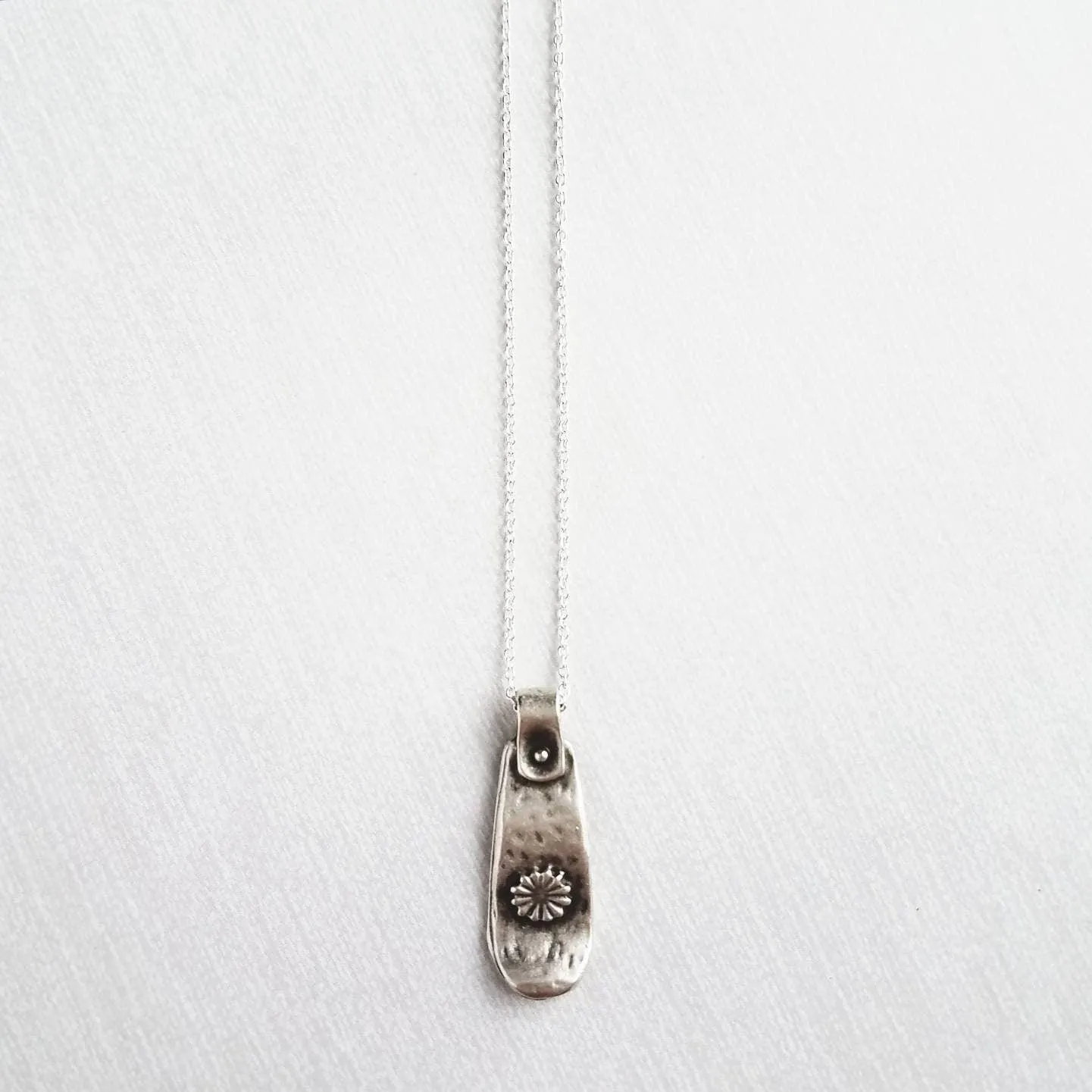 Silver Tag Necklace, long flower pendant, silver tab necklace, silver tag necklace, delicate silver chain, antique silver pendant, floral