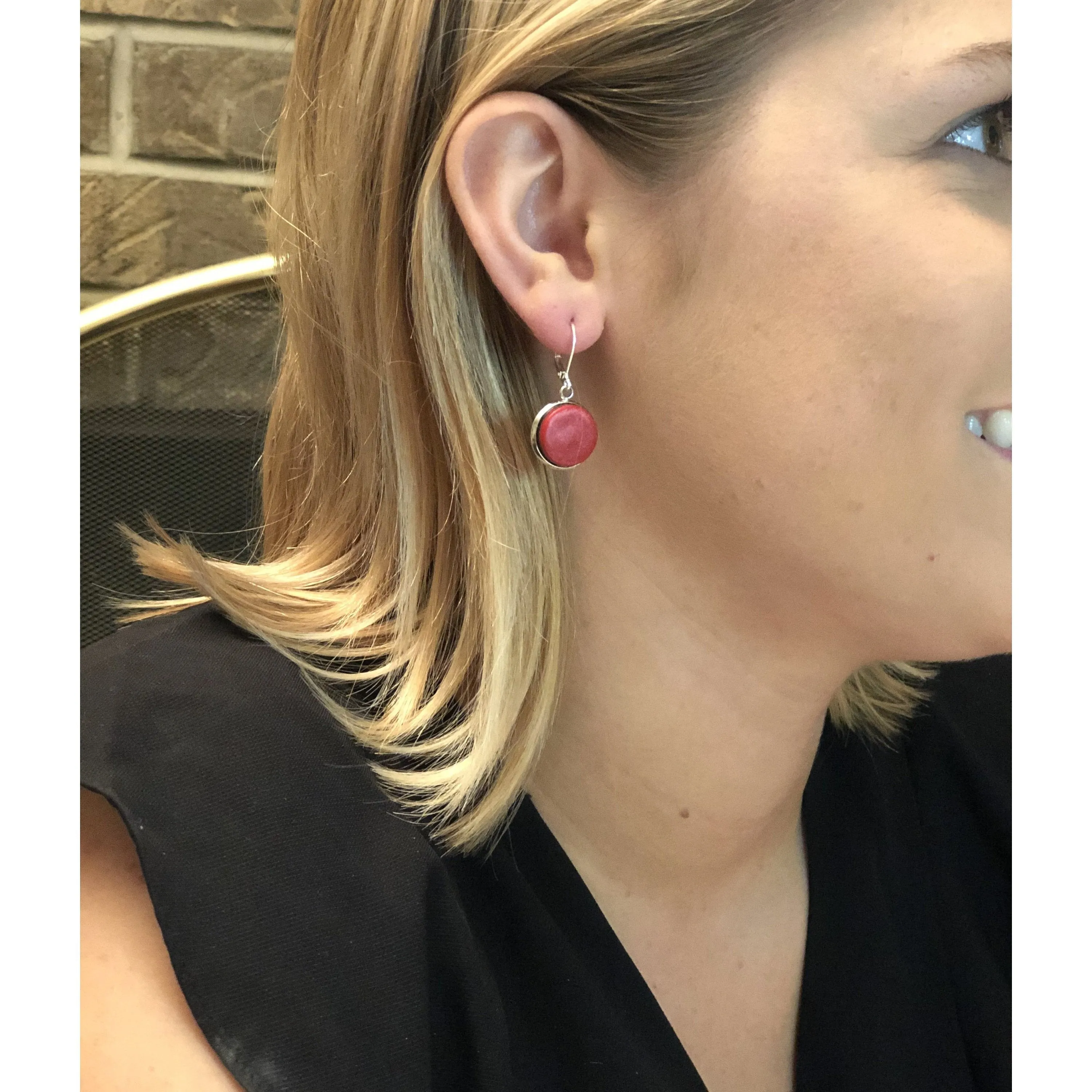 Simple Red Round Dangle Earring - Sterling Silver Base - Modern Contemporary Geometric Round Earring