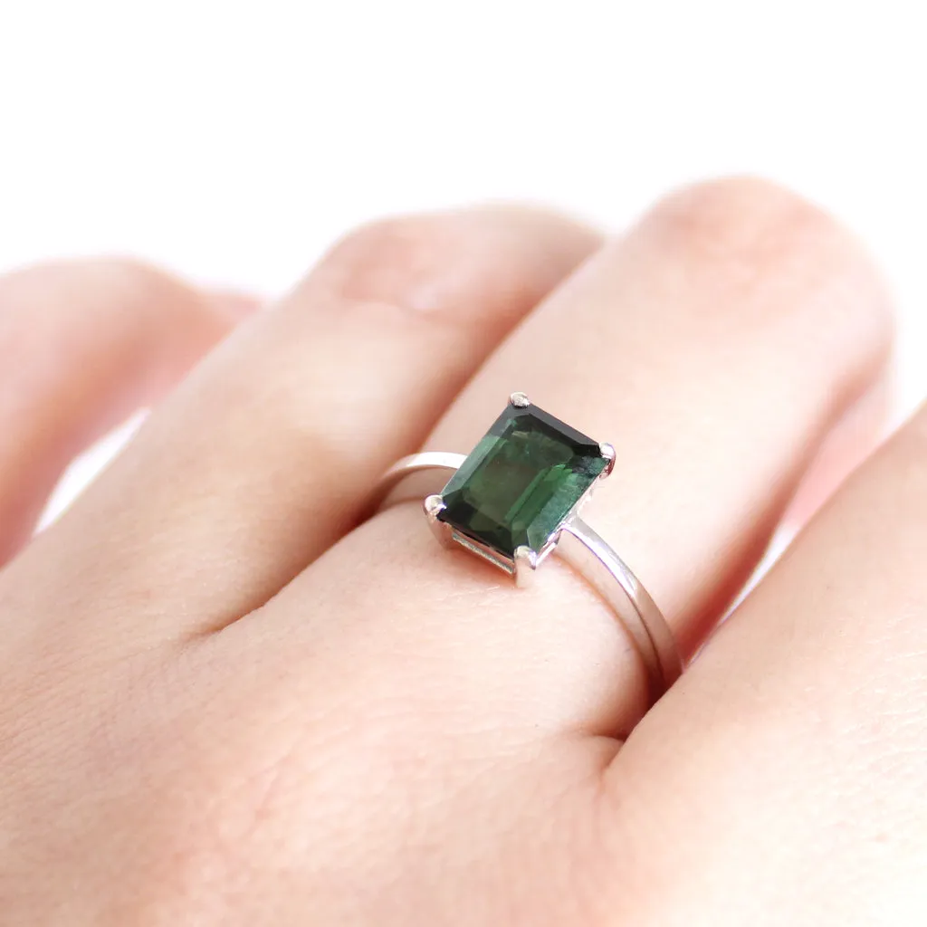 Solitaire Green Emerald Cut Tourmaline White Gold Ring