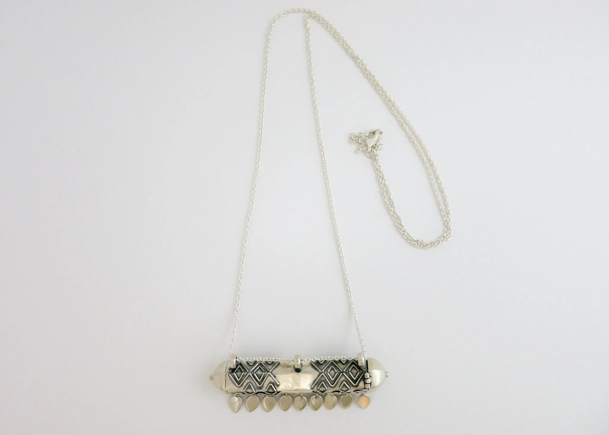Statement, tribal-chic, tubular, sterling silver, long amulet necklace