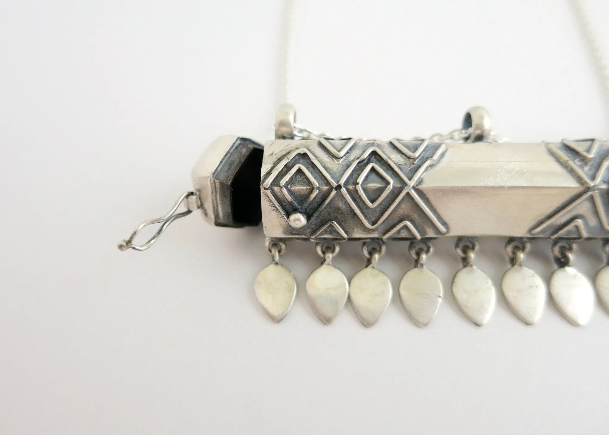 Statement, tribal-chic, tubular, sterling silver, long amulet necklace