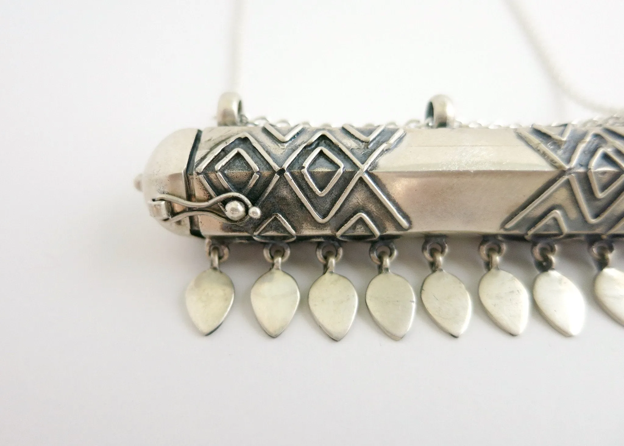 Statement, tribal-chic, tubular, sterling silver, long amulet necklace
