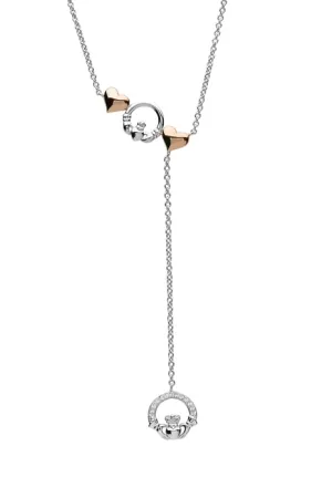 Sterling Silver Claddagh Necklace adorned with Rose Gold plated Hearts and Swarovski Crystals - SW162