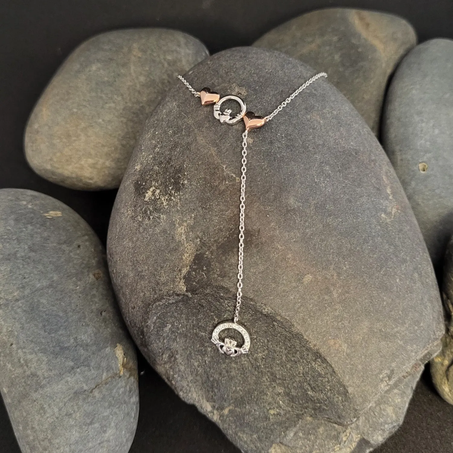 Sterling Silver Claddagh Necklace adorned with Rose Gold plated Hearts and Swarovski Crystals - SW162