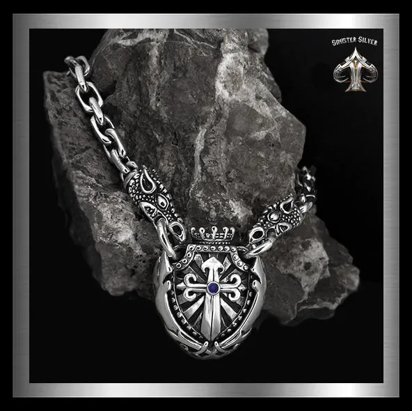 Sterling Silver Majestic Royalty Knights Crest Dragon Head Biker Necklace