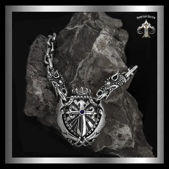 Sterling Silver Majestic Royalty Knights Crest Dragon Head Biker Necklace