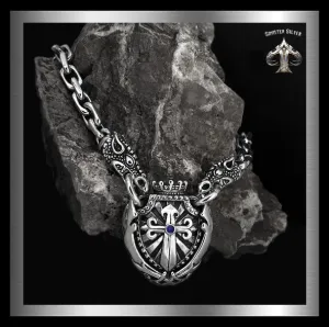 Sterling Silver Majestic Royalty Knights Crest Dragon Head Biker Necklace