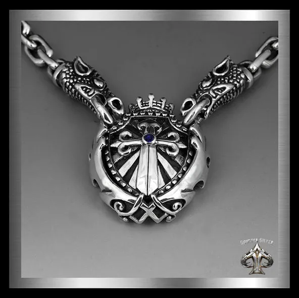 Sterling Silver Majestic Royalty Knights Crest Dragon Head Biker Necklace