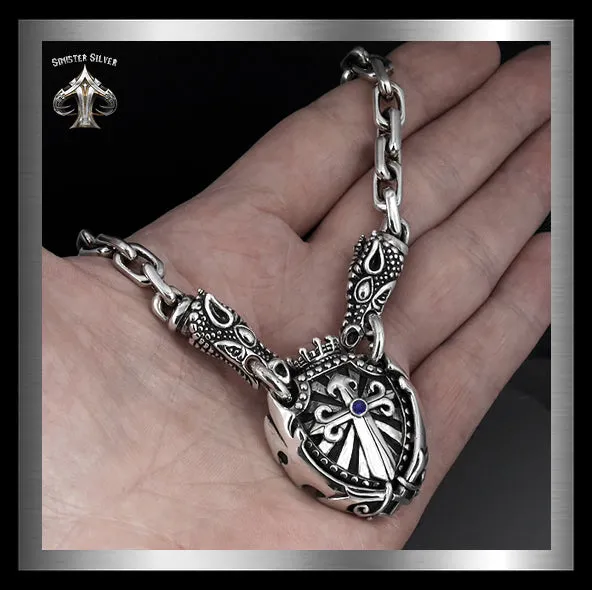 Sterling Silver Majestic Royalty Knights Crest Dragon Head Biker Necklace