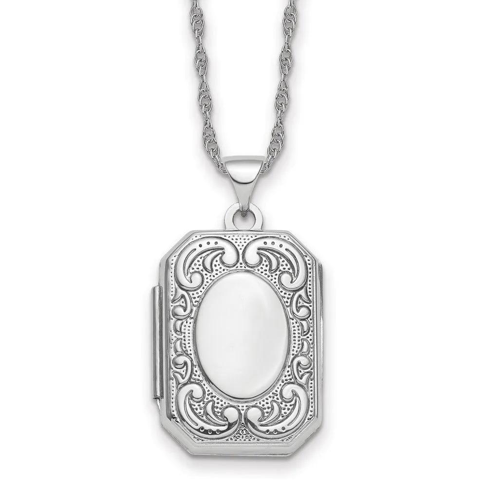Sterling Silver Rh-plated Fancy Scroll 21mm Octagonal Locket Necklace