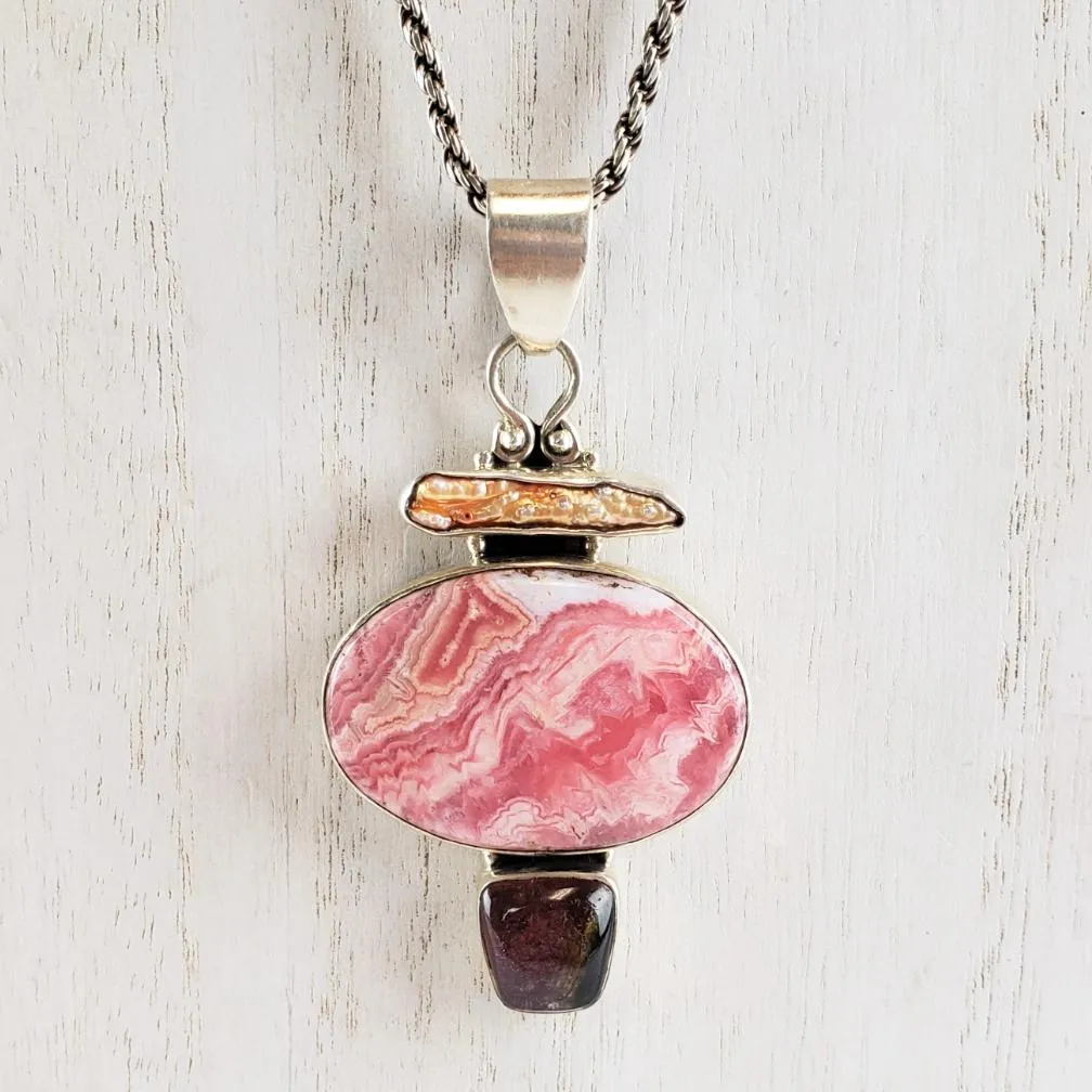 Sterling Silver Rhodochrosite Rope Necklace with Garnet and Keshi Pearl, 22" 46.3 grams