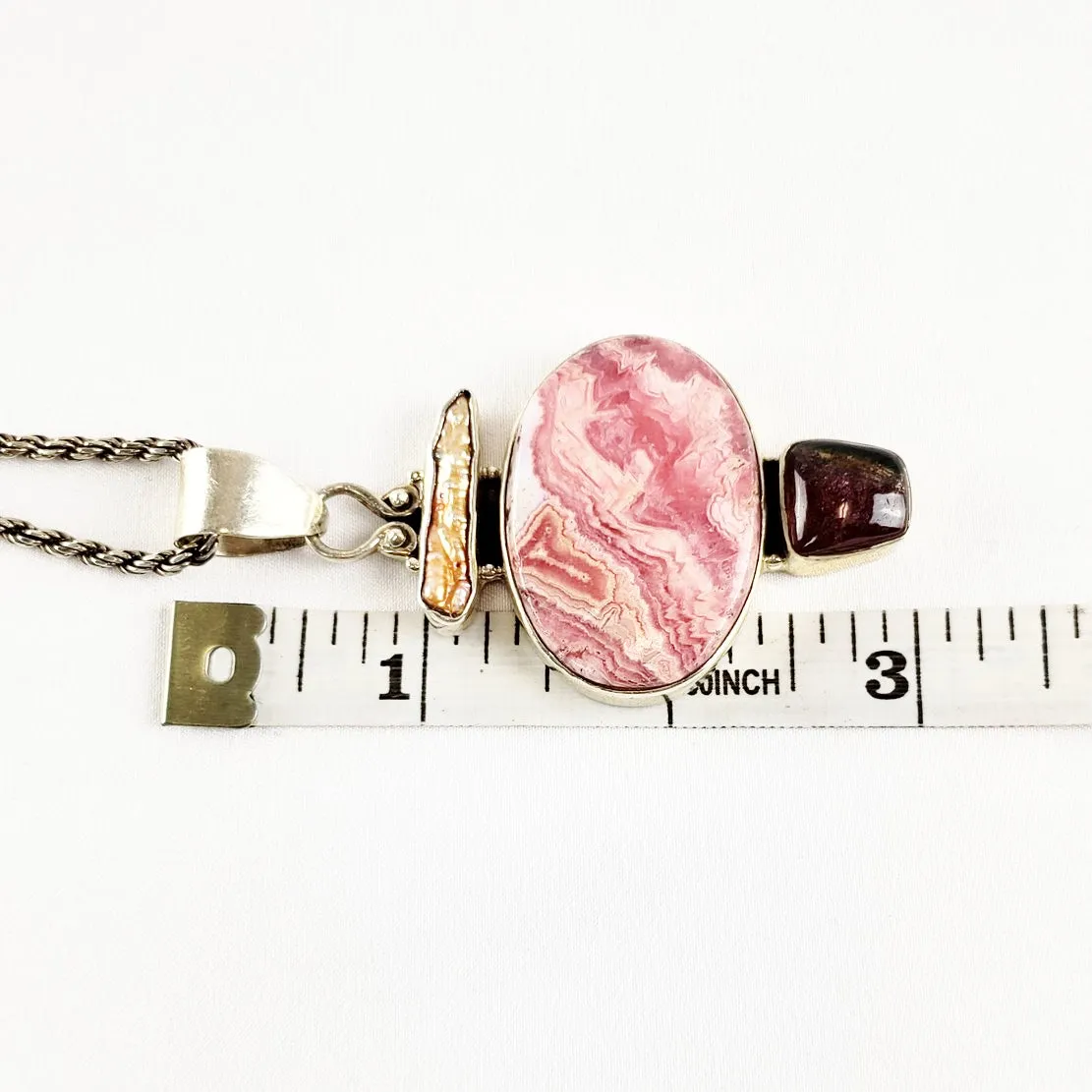 Sterling Silver Rhodochrosite Rope Necklace with Garnet and Keshi Pearl, 22" 46.3 grams