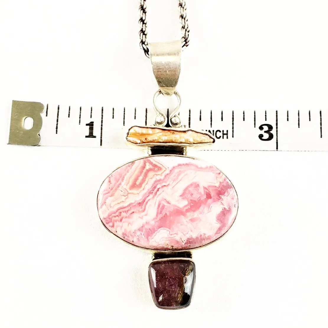 Sterling Silver Rhodochrosite Rope Necklace with Garnet and Keshi Pearl, 22" 46.3 grams