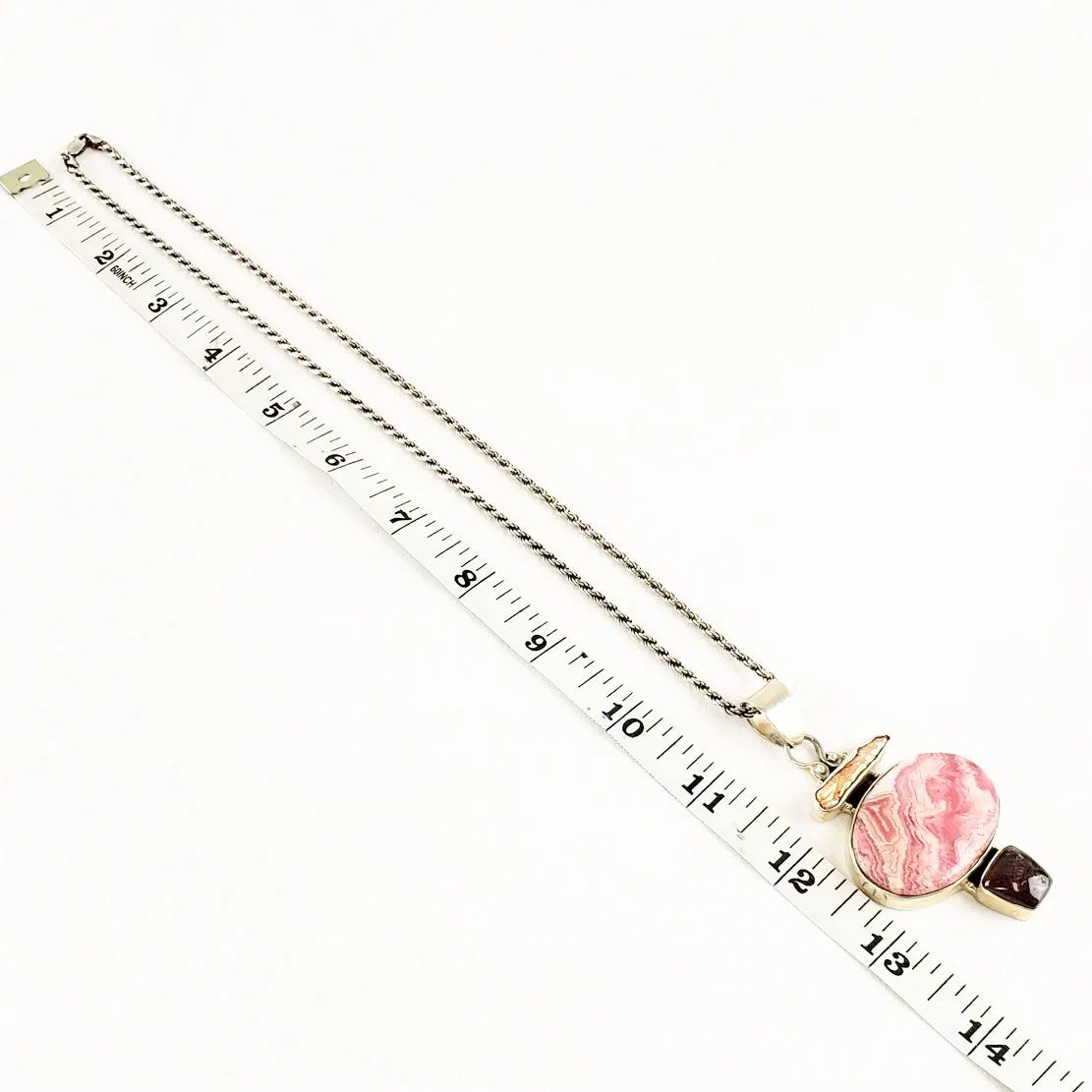 Sterling Silver Rhodochrosite Rope Necklace with Garnet and Keshi Pearl, 22" 46.3 grams