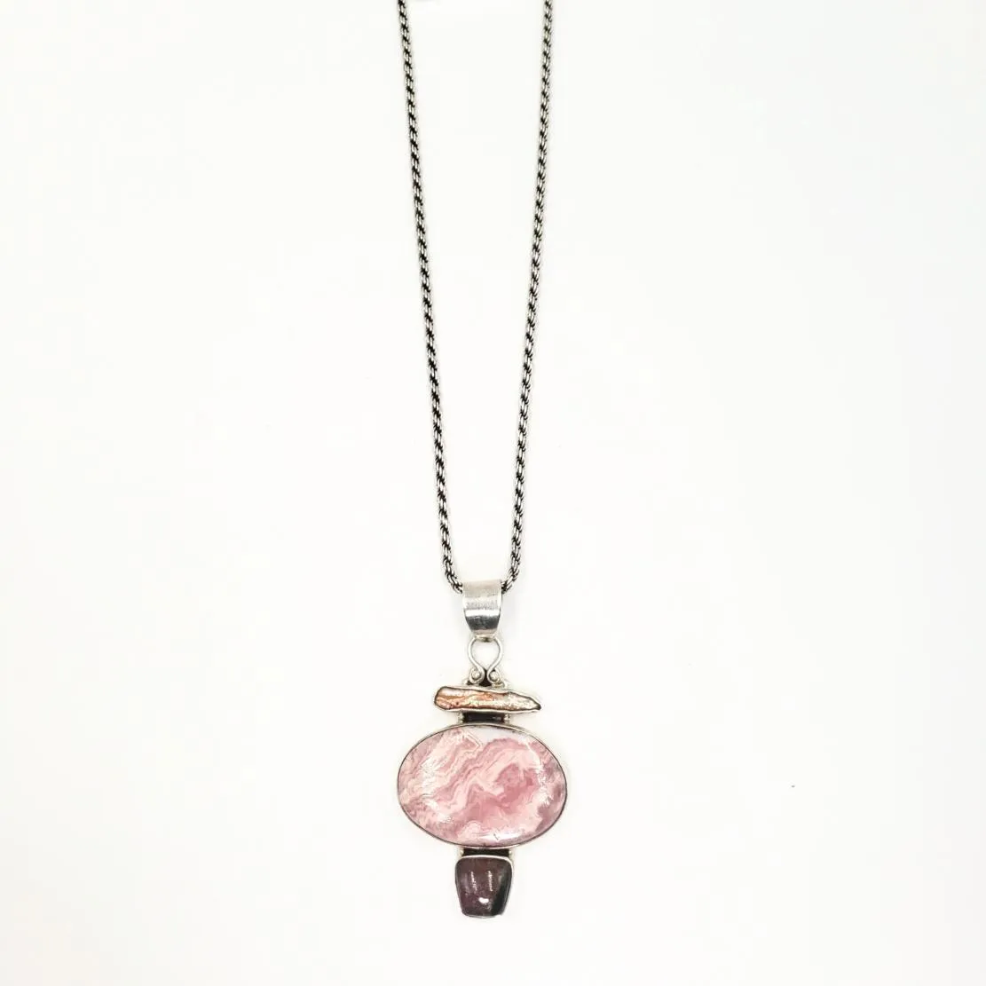 Sterling Silver Rhodochrosite Rope Necklace with Garnet and Keshi Pearl, 22" 46.3 grams