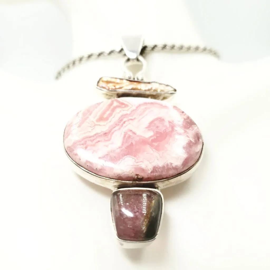 Sterling Silver Rhodochrosite Rope Necklace with Garnet and Keshi Pearl, 22" 46.3 grams