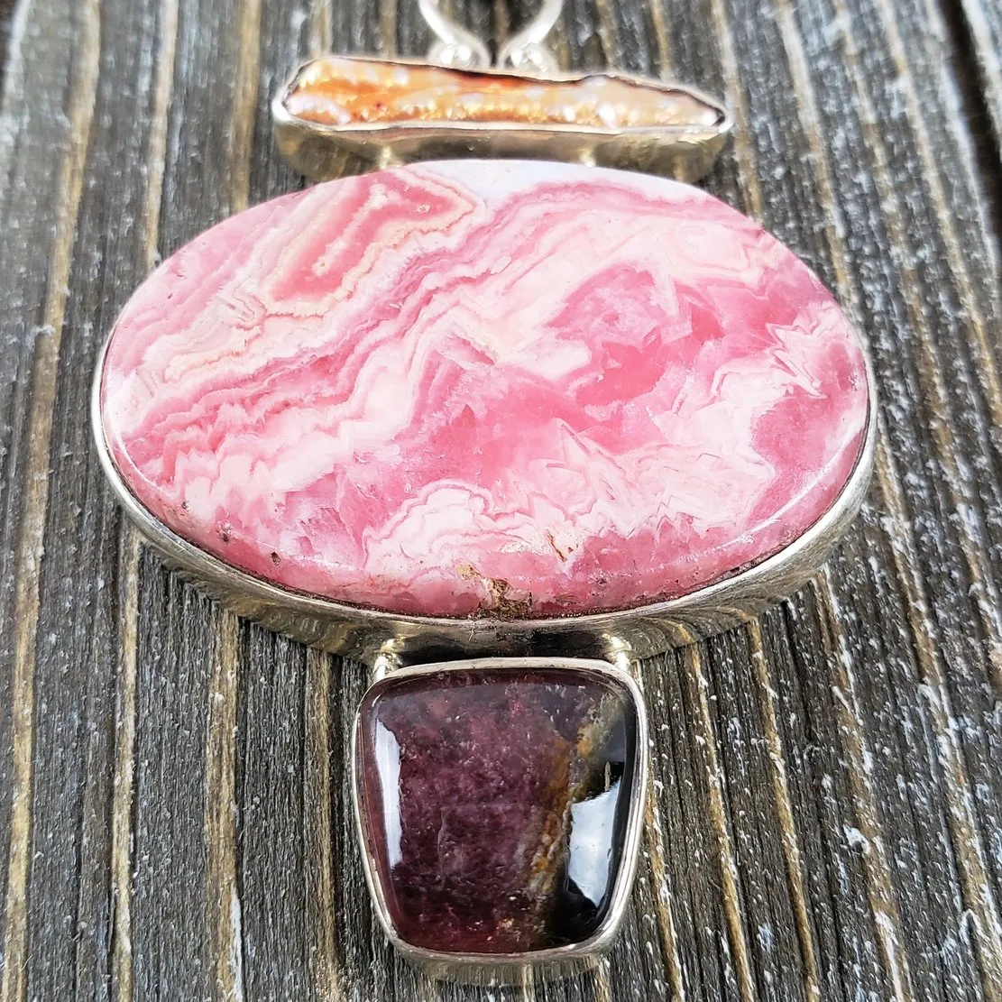 Sterling Silver Rhodochrosite Rope Necklace with Garnet and Keshi Pearl, 22" 46.3 grams