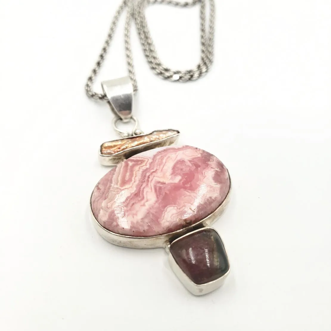 Sterling Silver Rhodochrosite Rope Necklace with Garnet and Keshi Pearl, 22" 46.3 grams