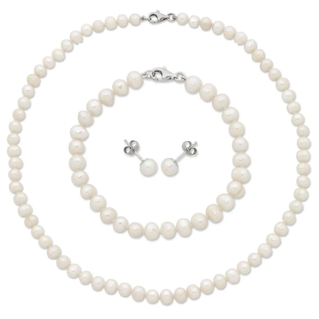 Sterling Silver White Freshwater Pearl Necklace, Bracelet and Earring Set