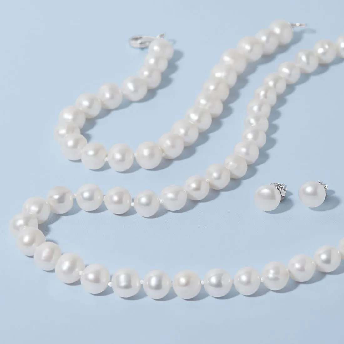 Sterling Silver White Freshwater Pearl Necklace, Bracelet and Earring Set