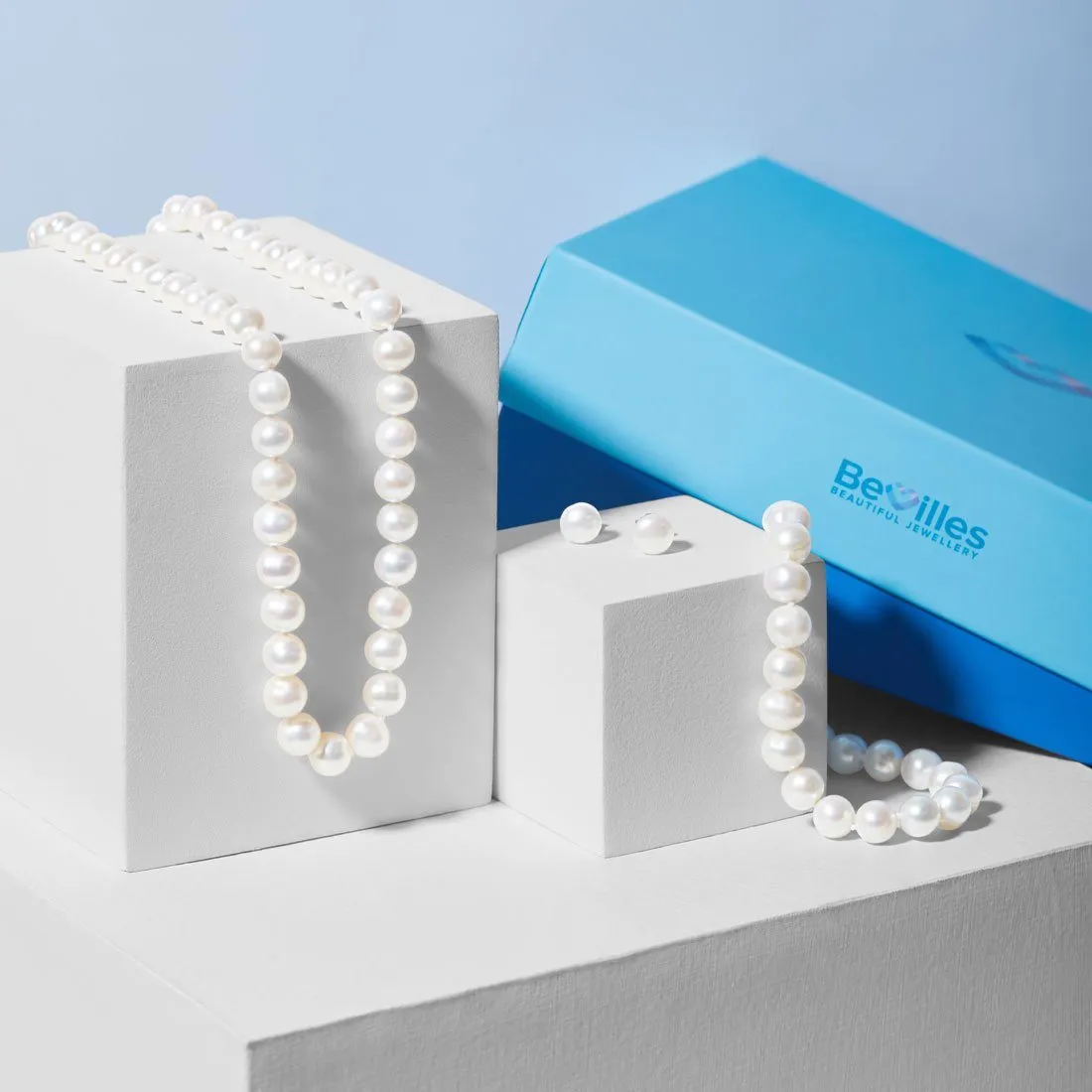 Sterling Silver White Freshwater Pearl Necklace, Bracelet and Earring Set