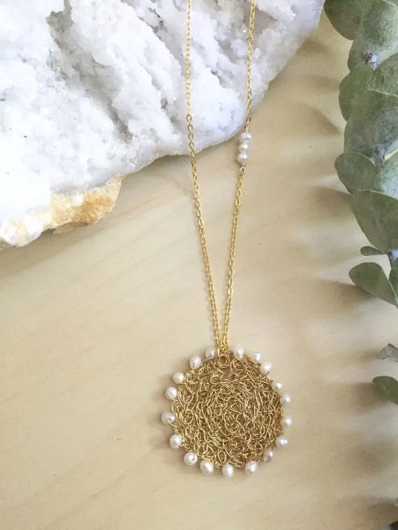 Sunshine Necklace - Wire Crochet Necklace with Freshwater Pearls