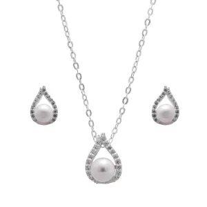 Synthetic White Pearl Necklace and Earrings Set in Sterling Silver