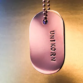 Talisman of Flourite and "UNIKORN" Stamped in Copper Goddess Tag Necklace