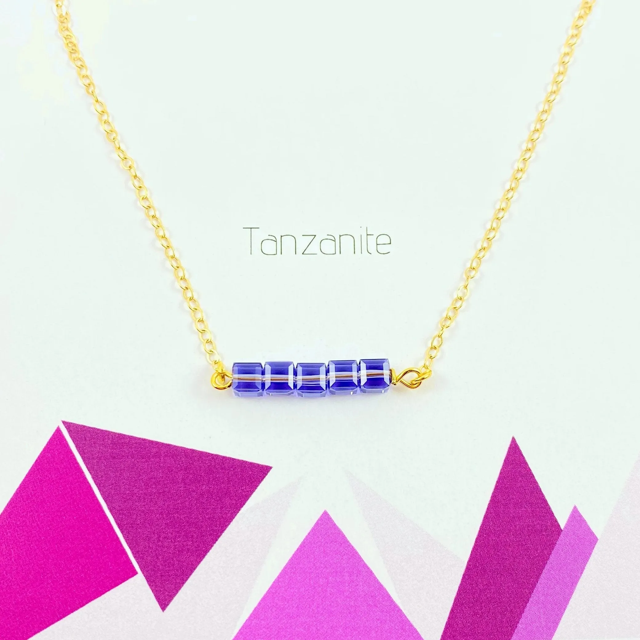 Tanzanite Cube Bar Necklace 14K Gold