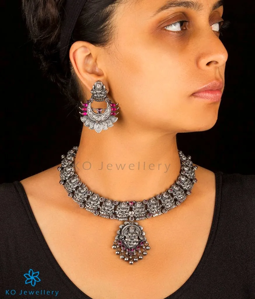 The Padmakshi Antique Silver Lakshmi Necklace (Oxidised)