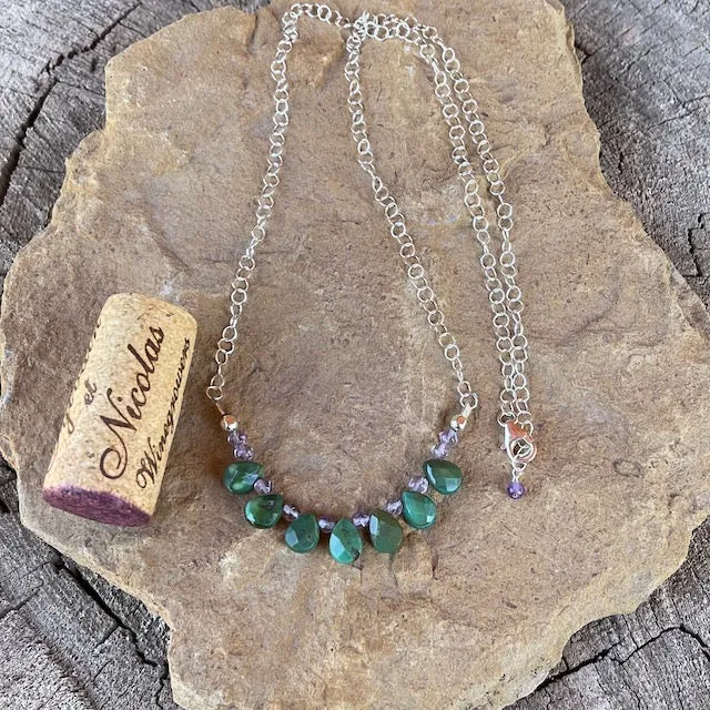 Turquoise drops with amethyst on sterling chain necklace