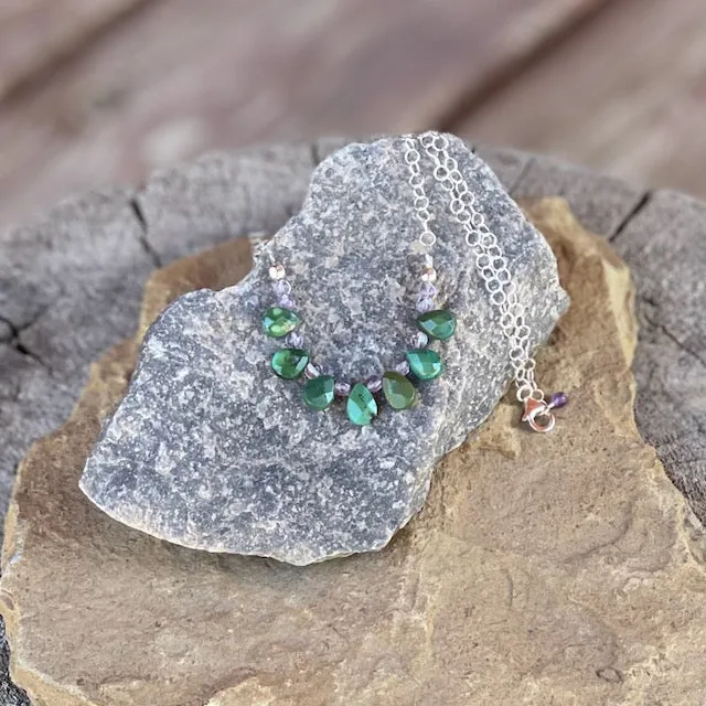 Turquoise drops with amethyst on sterling chain necklace