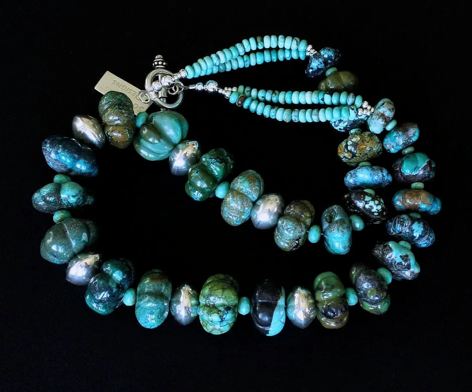 Turquoise Graduated Flower Bead Necklace with Turquoise & Czech Glass Rondelles, Handcrafted Sterling Silver Rondelle Beads, and Sterling Silver Toggle Clasp