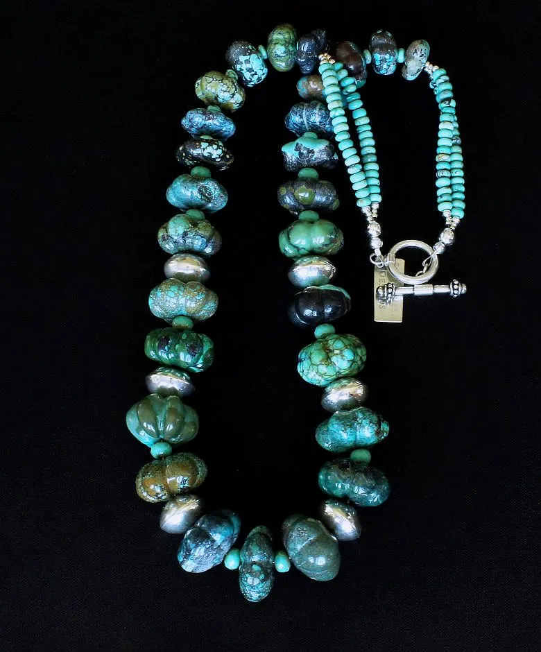 Turquoise Graduated Flower Bead Necklace with Turquoise & Czech Glass Rondelles, Handcrafted Sterling Silver Rondelle Beads, and Sterling Silver Toggle Clasp