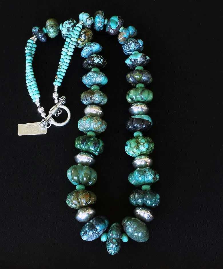 Turquoise Graduated Flower Bead Necklace with Turquoise & Czech Glass Rondelles, Handcrafted Sterling Silver Rondelle Beads, and Sterling Silver Toggle Clasp