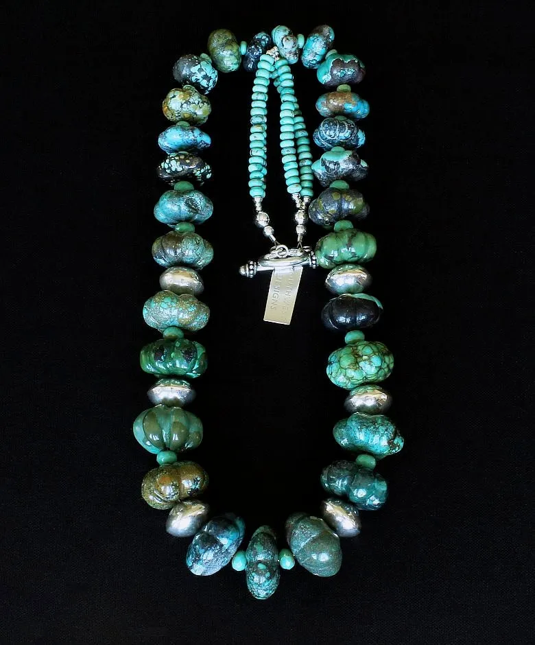 Turquoise Graduated Flower Bead Necklace with Turquoise & Czech Glass Rondelles, Handcrafted Sterling Silver Rondelle Beads, and Sterling Silver Toggle Clasp