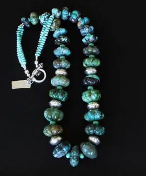 Turquoise Graduated Flower Bead Necklace with Turquoise & Czech Glass Rondelles, Handcrafted Sterling Silver Rondelle Beads, and Sterling Silver Toggle Clasp